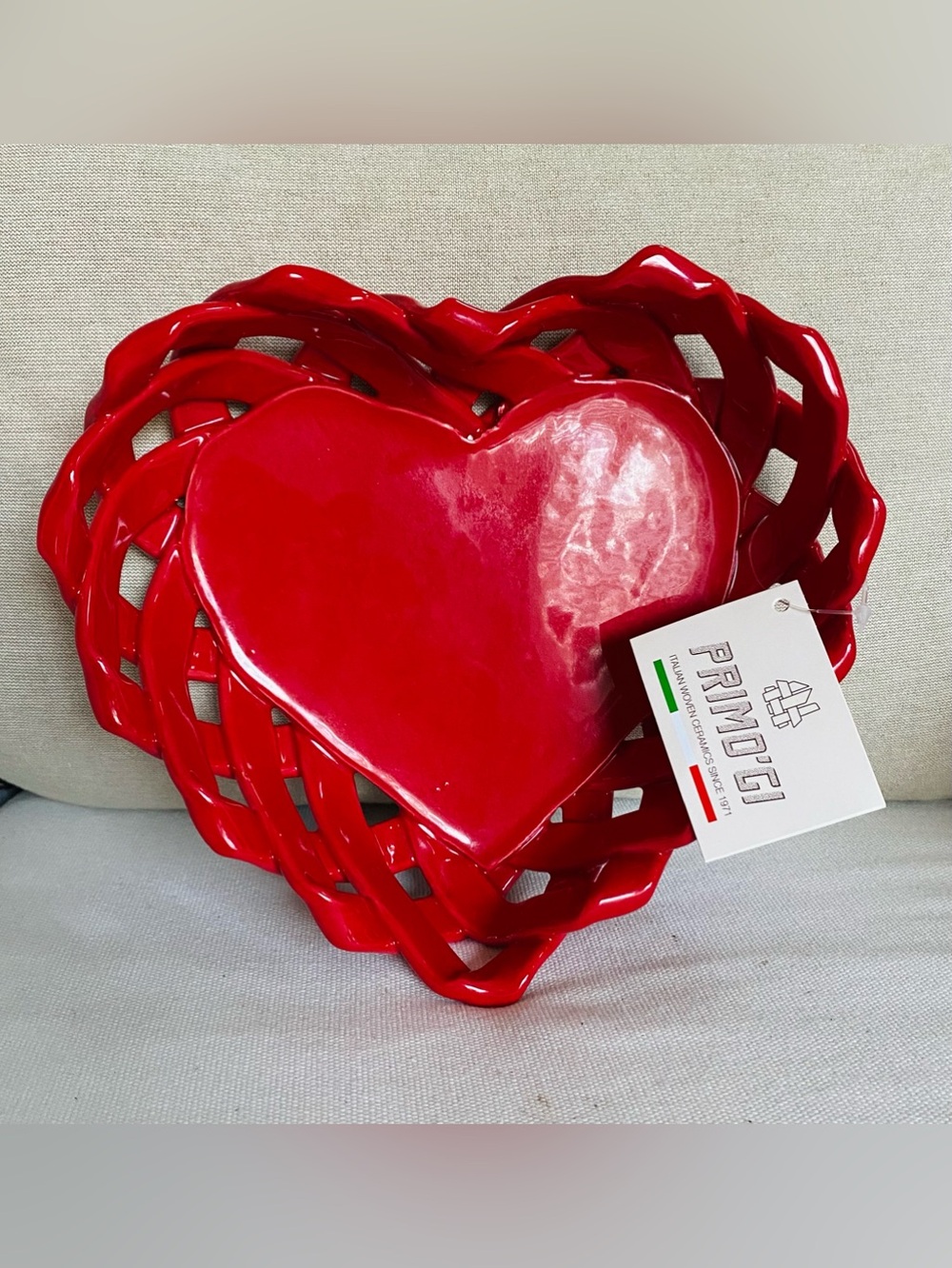 PRIMO’GI Red Woven Ceramic Heart Basket Bowl - Handmade in Italy NWT 8”